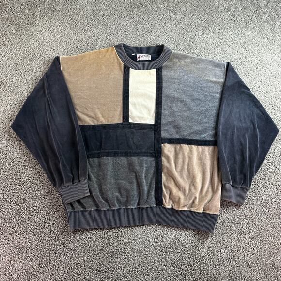 VTG 90s Sansabelt Velour Sweatshirt Mens XL Brown Gray Colorblock Pullover FLAW - Picture 1 of 15